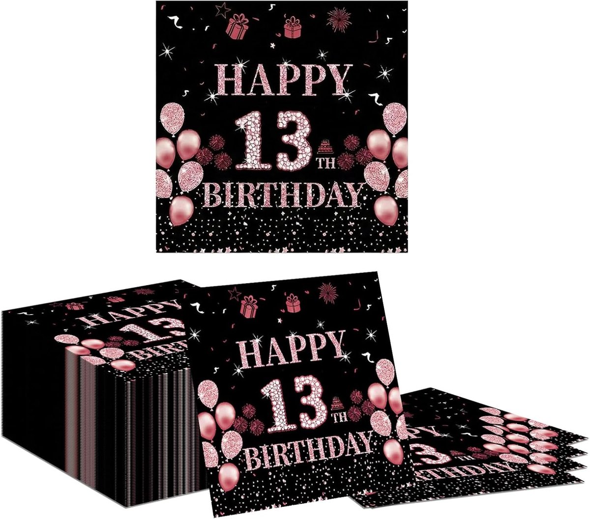 Papieren servetten 80 stuks - zwart-roze met roségouden glitter - voor 13e verjaardag - luxe feestdecoratie - ShopVlot