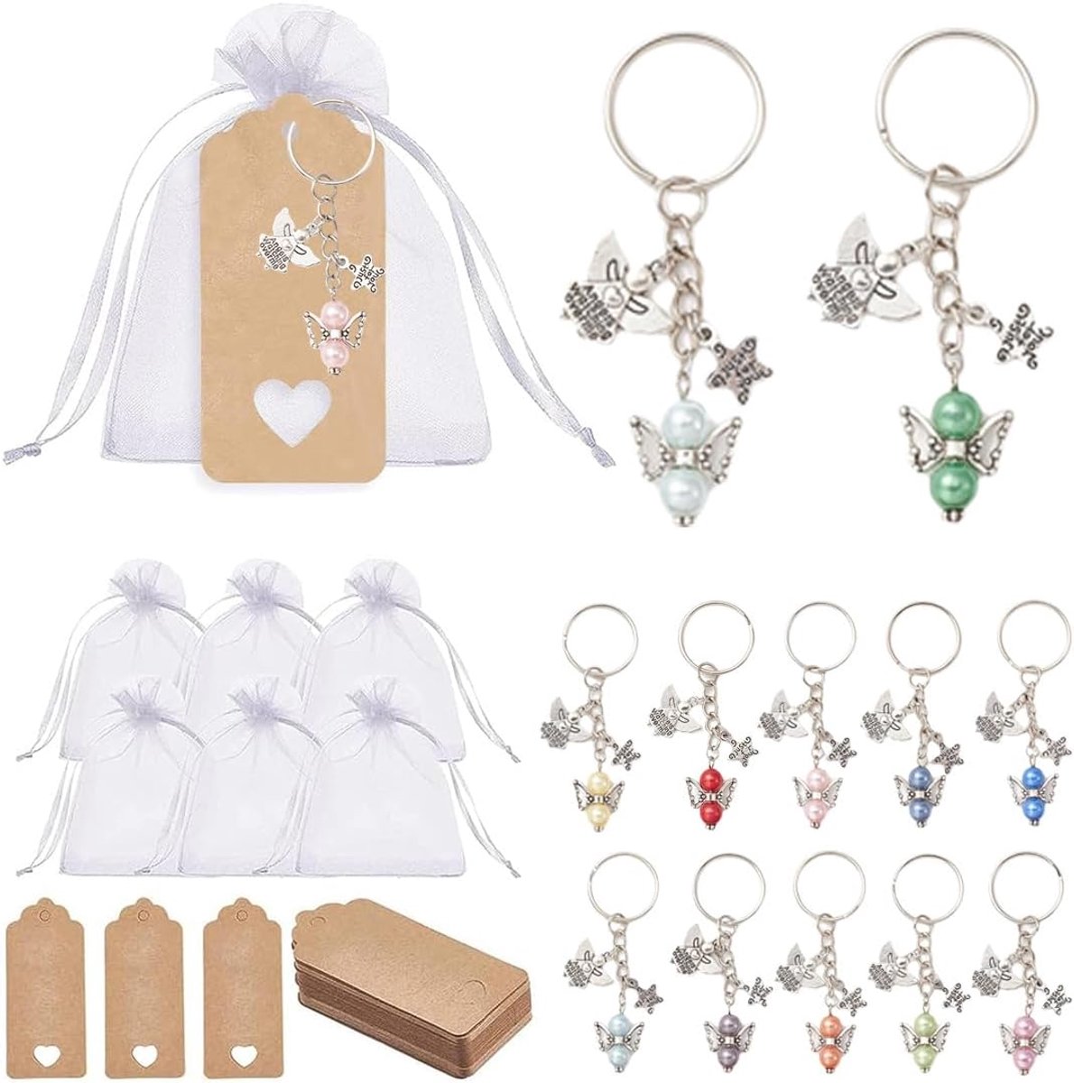 Sleutelhangers Engelen Set van 36 - Kleurige Kunstparels - Inclusief Organza Zakjes - Perfect voor Communie en Doop - ShopVlot