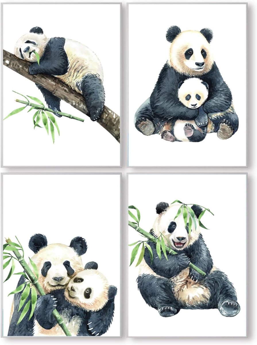 Panda poster set van 4 - DIN A4 formaat - mooie kinderkamer decoratie - perfect voor jongens en meisjes - SnelShoppen