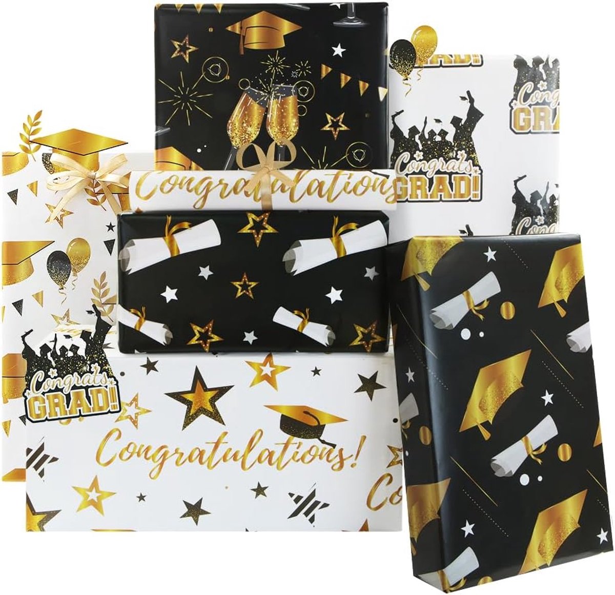 Inpakpapier afstuderen 6 vellen 50 x 70 cm - wit-zwart-goud - met gouden lint - elegante presentatie - SnelShoppen