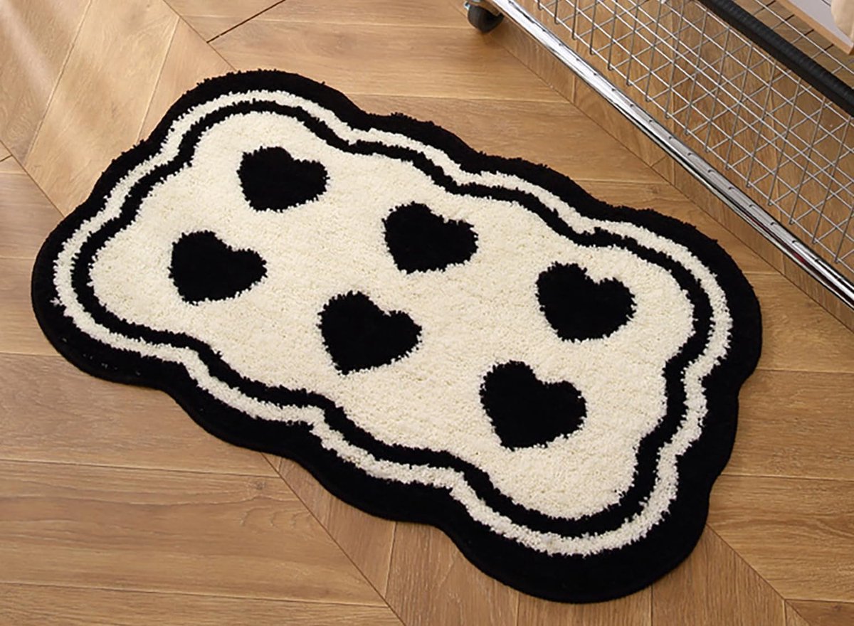 Badmat Wasbaar Antislip Wit Zwart Hart - Ultra Zacht Microfiber - Absorberend - Voor Douche en Bad - ShopVlot