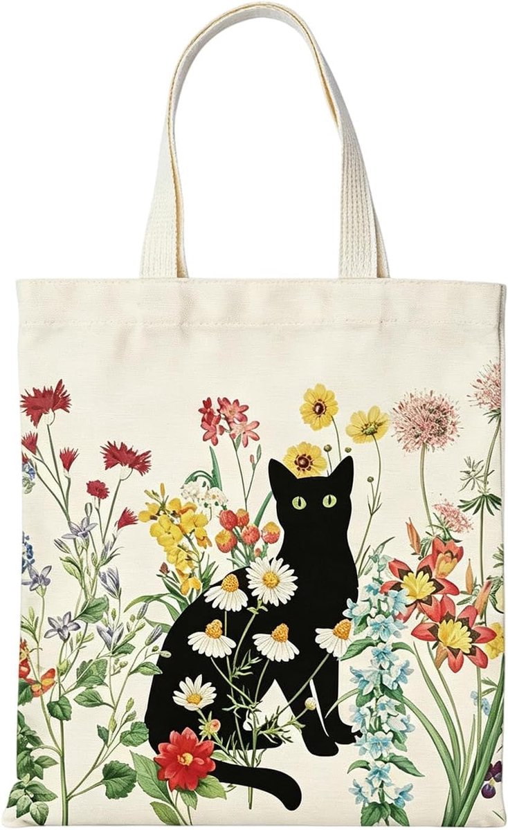 Katoenen tas met kattenmotief - witte canvas draagtas - stoffen tote bag - ideaal als cadeau voor vriendin - ShopVlot