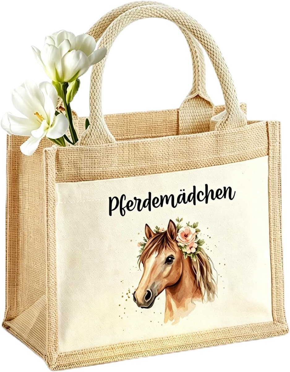 Jute tas voor paardenmeisjes 31 x 25 x 12 cm - shopper met paardenmotief - ideaal voor school en vrije tijd - ShopVlot