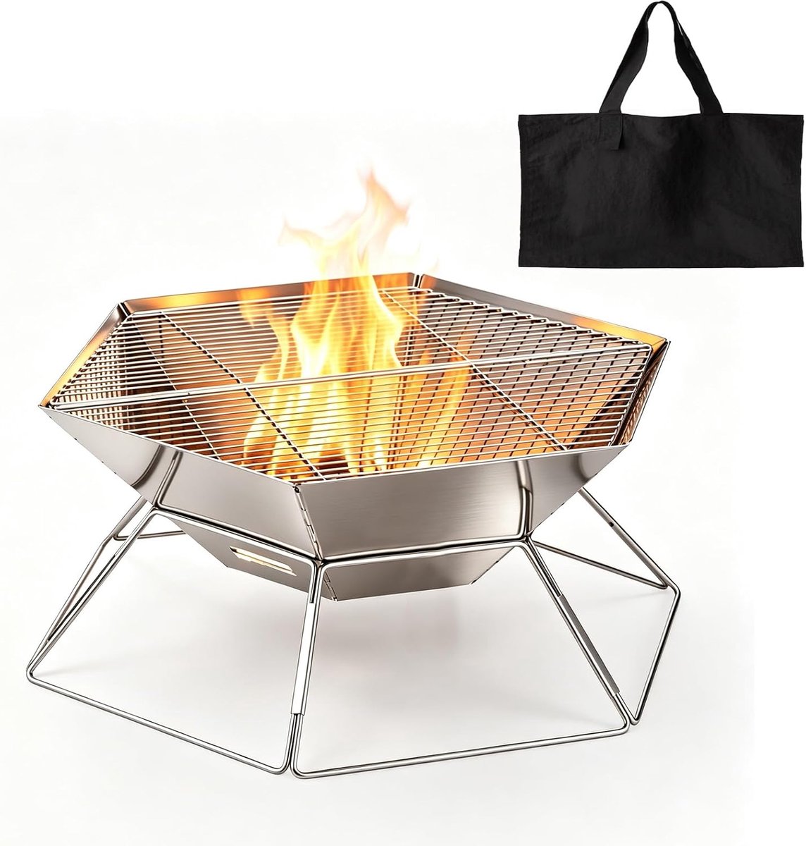 Draagbare vuurkorf - roestvrij staal - vuurschaal met grillrooster - ideaal voor outdoor BBQ - ShopVlot