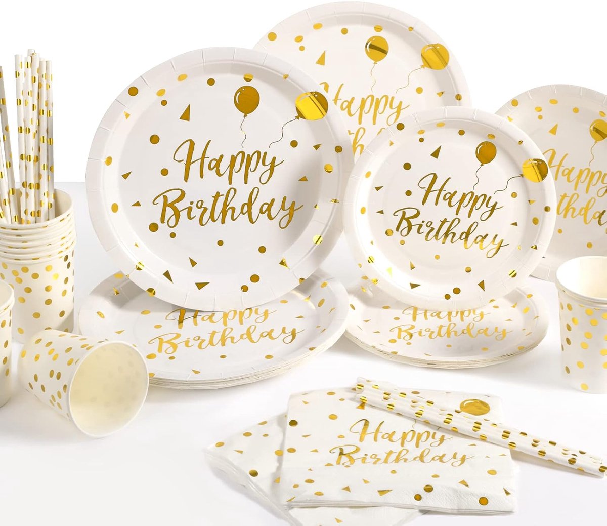 Disposable tafelservies 120 stuks - wit goud - feestelijk design - voor verjaardagsfeest - ShopVlot