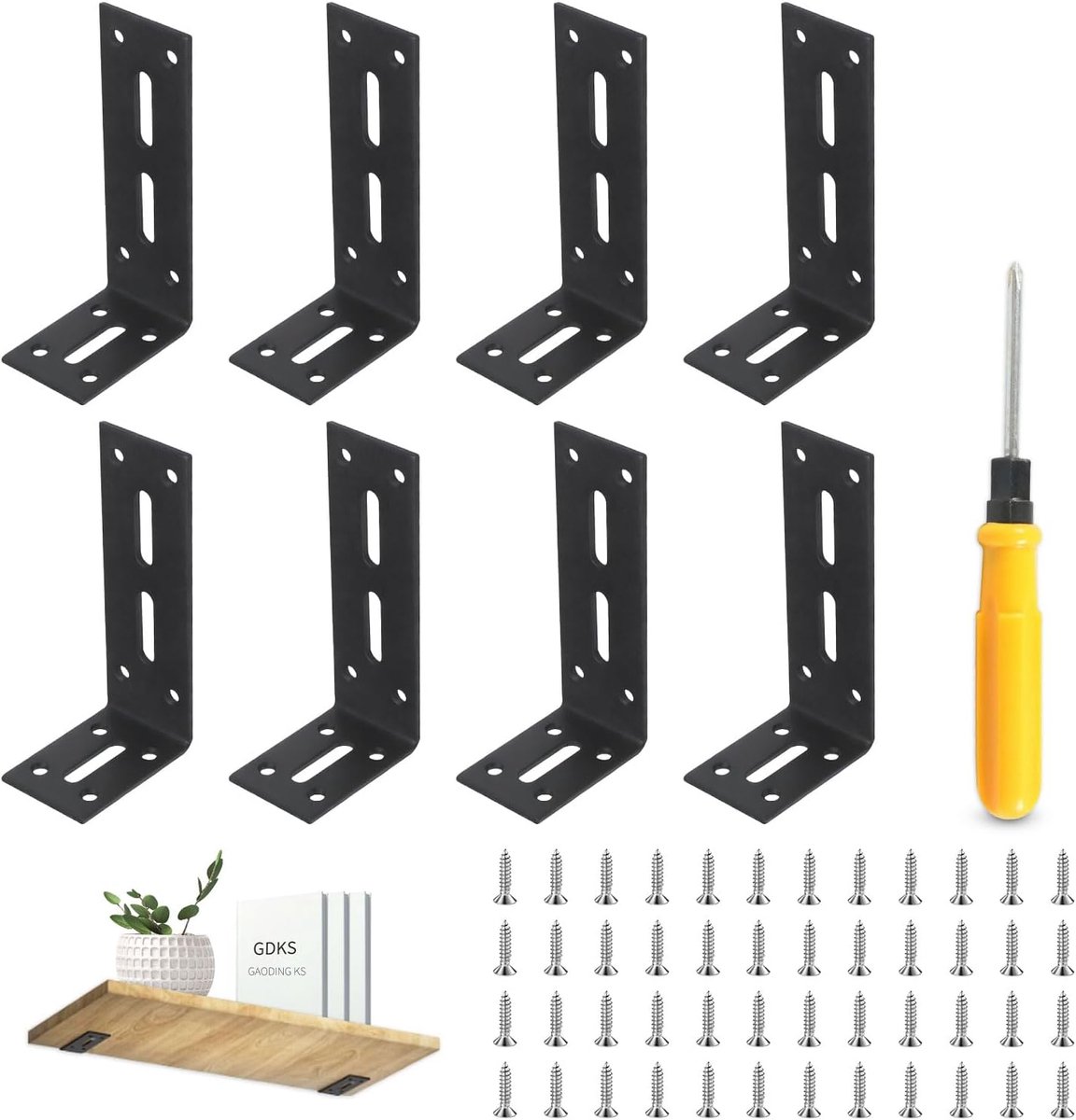 Metalen haakconnectoren 90 graden - Zwart - 8 stuks - Inclusief schroevendraaier en 48 schroeven - ShopVlot