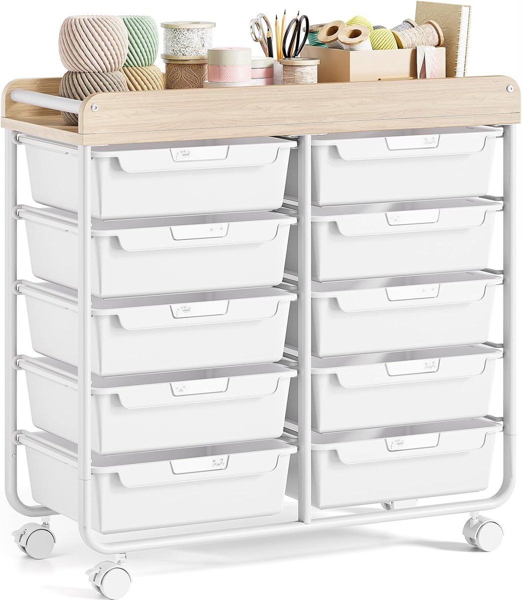 Plastic rollcontainer - 10 lades - houten werkblad - veelzijdige opbergruimte voor huis - ShopVlot