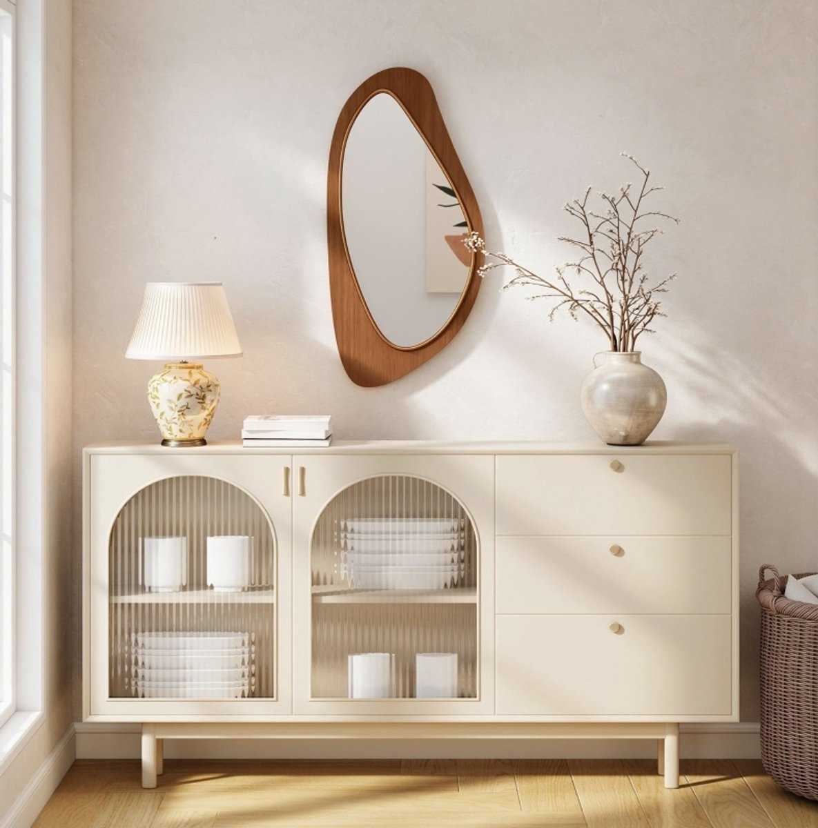 STILVORA Wandspiegel – Organische Vorm – 91,5 x 45 x 3 cm – Hout, Glas en MDF – Naturel – Voor Hal, Woonkamer en Slaapkamer