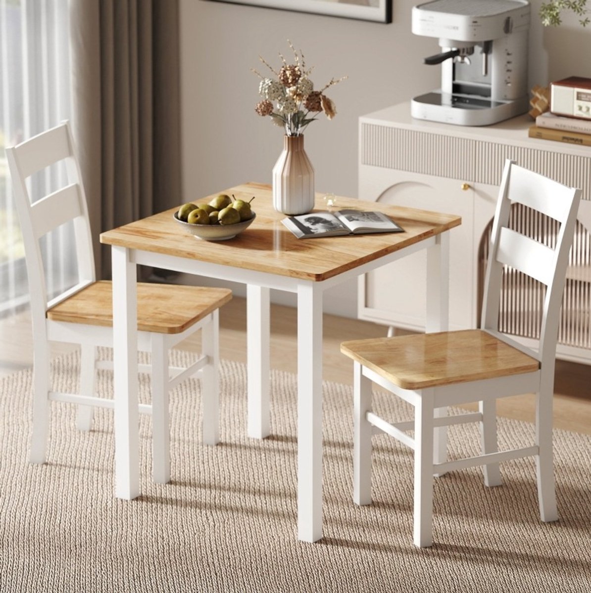 MODFU Eettafel - Vierkant - Landelijke Stijl - Keuken - Hout - Eikenkleur En Wit - 69 X 69 Cm