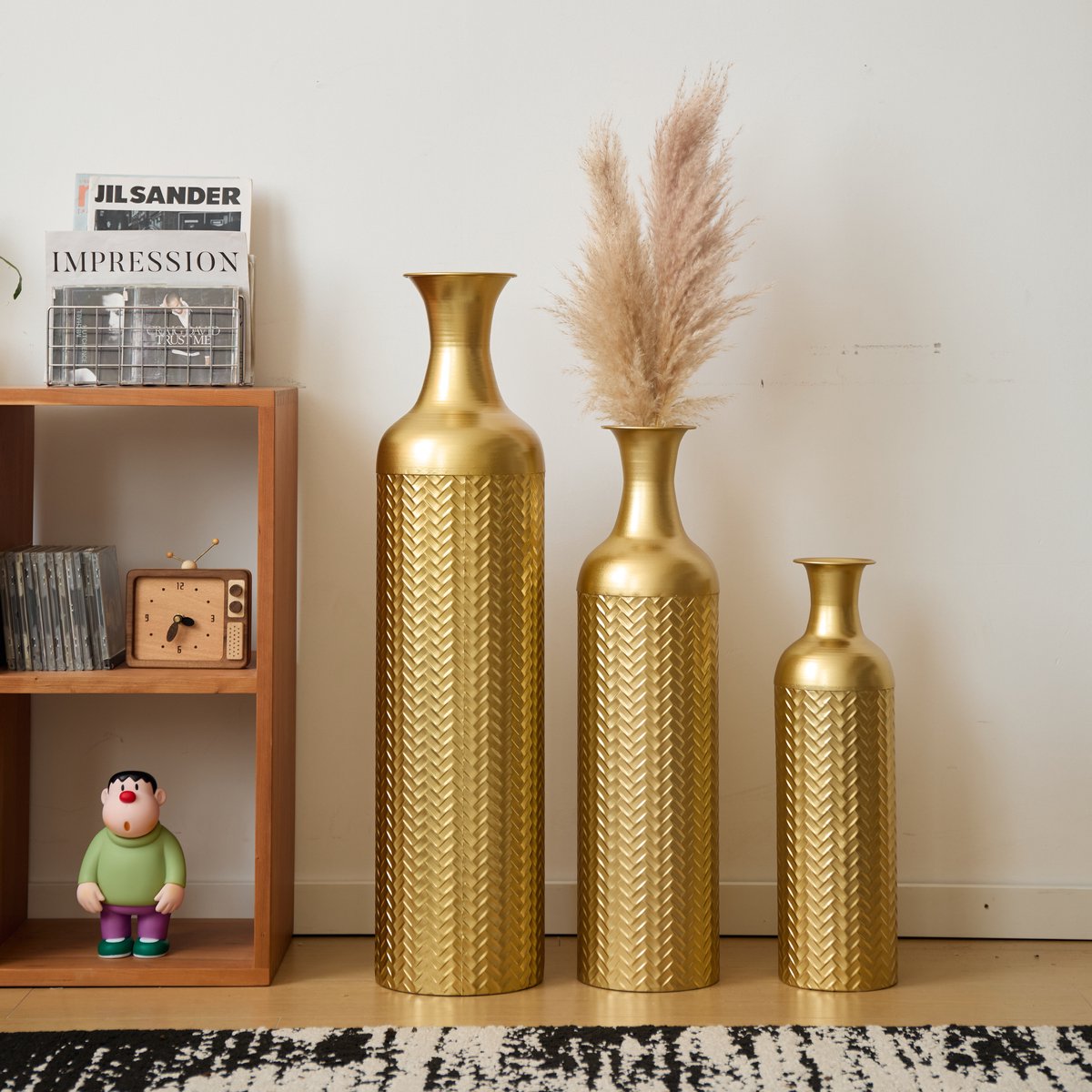 Vaas Set Van 3 Gouden Vloervazen Met Structuurpatroon 50,01 Cm 66 Cm 83,01 Cm Metaal Voor Woonkamer Hal En Bureau