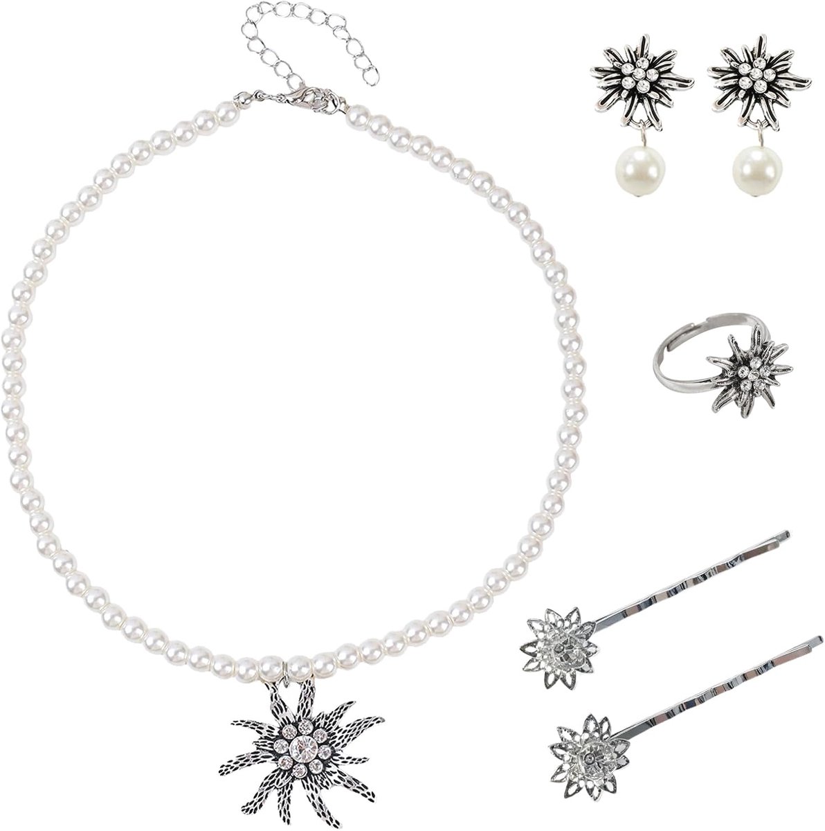 Klederdrachtsieradenset 6 stuks - edelweiss dames - traditionele uitstraling - perfect voor folkloristische evenementen - ShopVlot