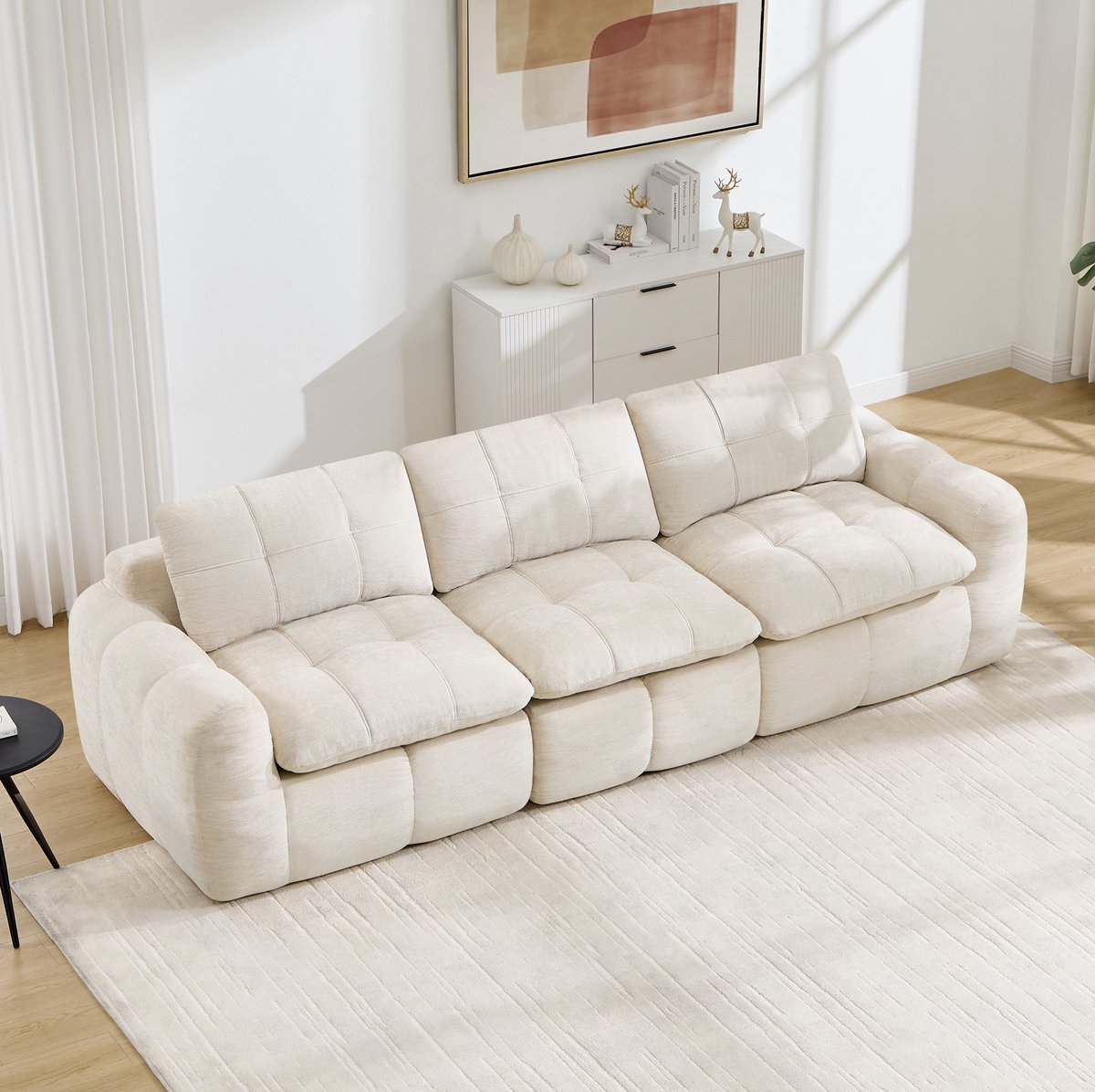 OKWISH Zitbank 264 Cm – 3-Zits Modulaire Bank Zonder Frame – Ergonomisch Met Dikke Kussens En Gestikt Patroon – Voor Woonkamer – Chenille – Beige