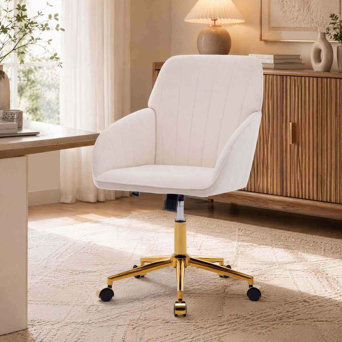 REDOM - Bureaustoel - Ergonomische rugleuning - In hoogte verstelbaar en 360° draaibaar - Met vaste armleuningen en wielen - Velvet - Wit - 58 x 60 x 96,5 cm