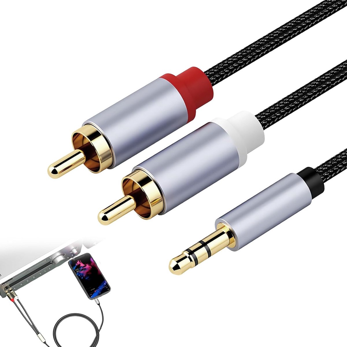 Audio Kabel 3.5mm Plug naar 2 Cinch Plug - 2 meter - Nylon Stereo Kabel - Geschikt voor Hi-Fi en TV - SnelShoppen