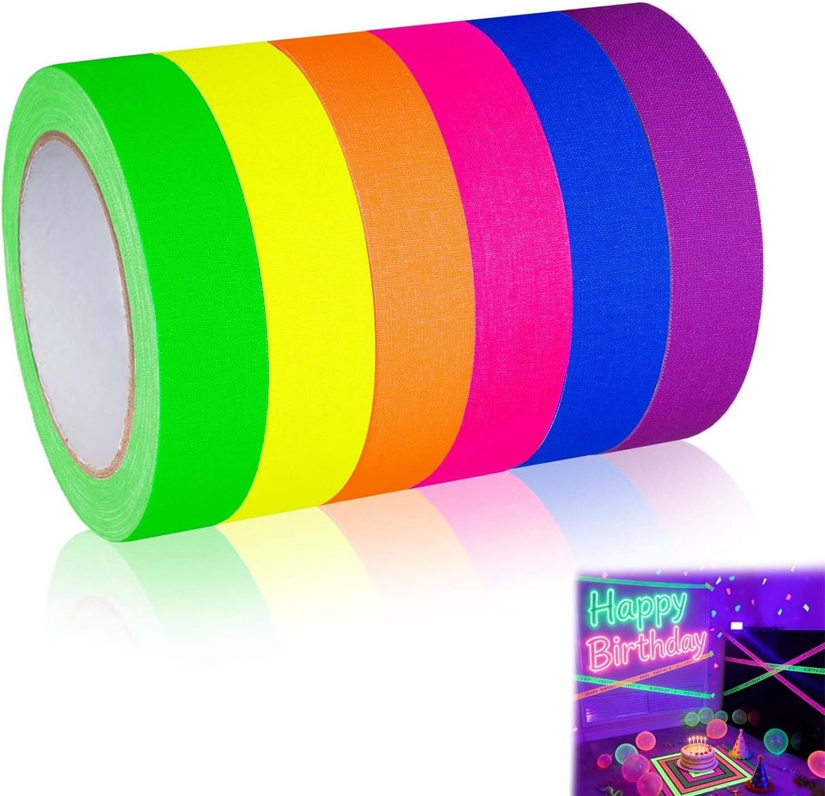 Fluorescente tape set - 6 rollen UV actieve tape 5m x 1,5cm - neon kleuren voor blacklight party - waterbestendig - SnelShoppen