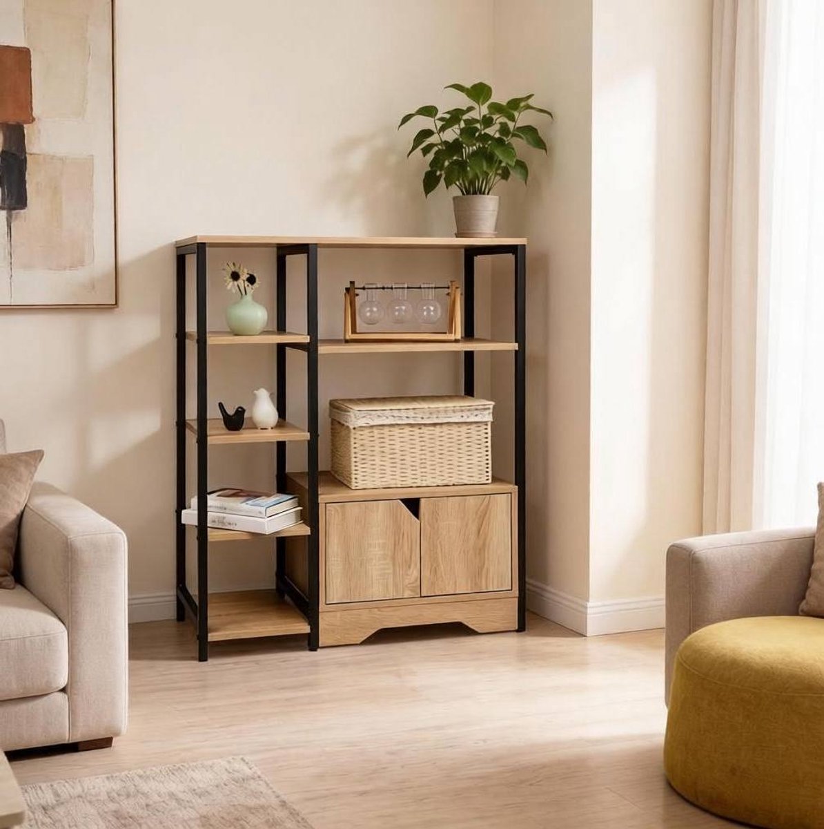 Boekenkast 80x35x97 Cm 2-in-1 Met Deuren En Laden E1 Mdf Licht Eiken Voor Woonkamer En Kantoor