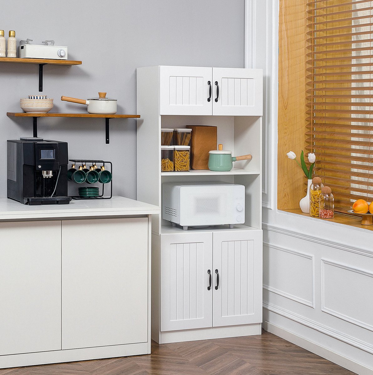 Keukenkast Hoog Model Met Verstelbare Legplanken En Open Middenvak Voor Keuken En Woonruimte - MDF - Wit - 70x40x170 Cm