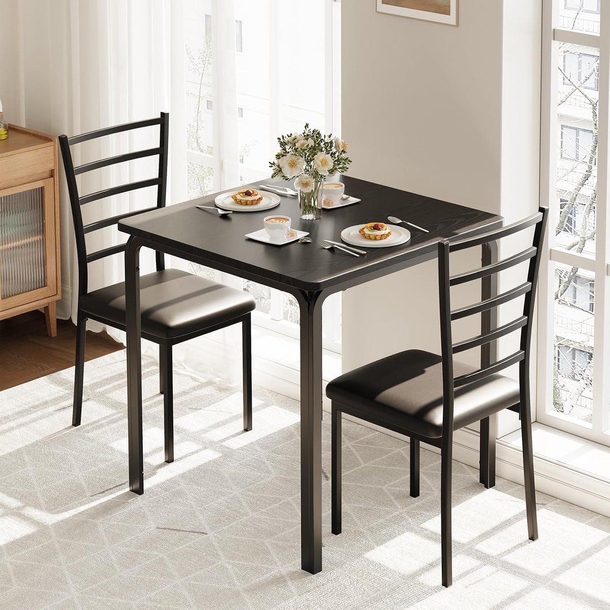 Triumpunpre - Eettafel Set 3 delige - Bar tafel + 2 stoelen met 3-laags opbergplank - industriële ruimtebesparend voor kleine ruimtes - Zwart
