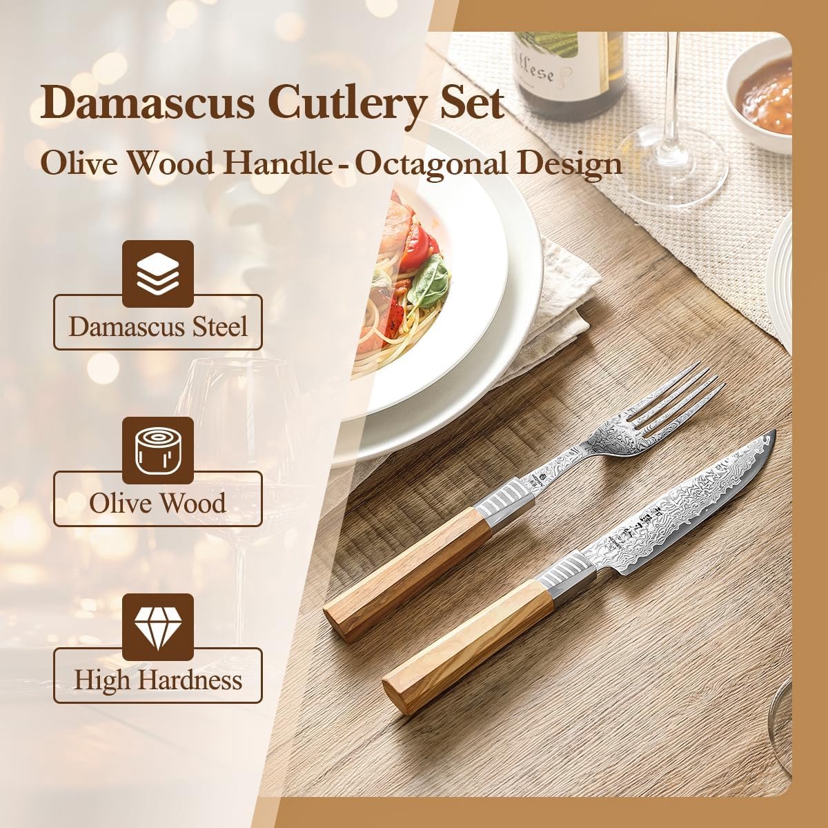 Steakmes en vork set 2-delig - Damask staal - Olivehouten handvat - Perfect voor steaks - ShopVlot