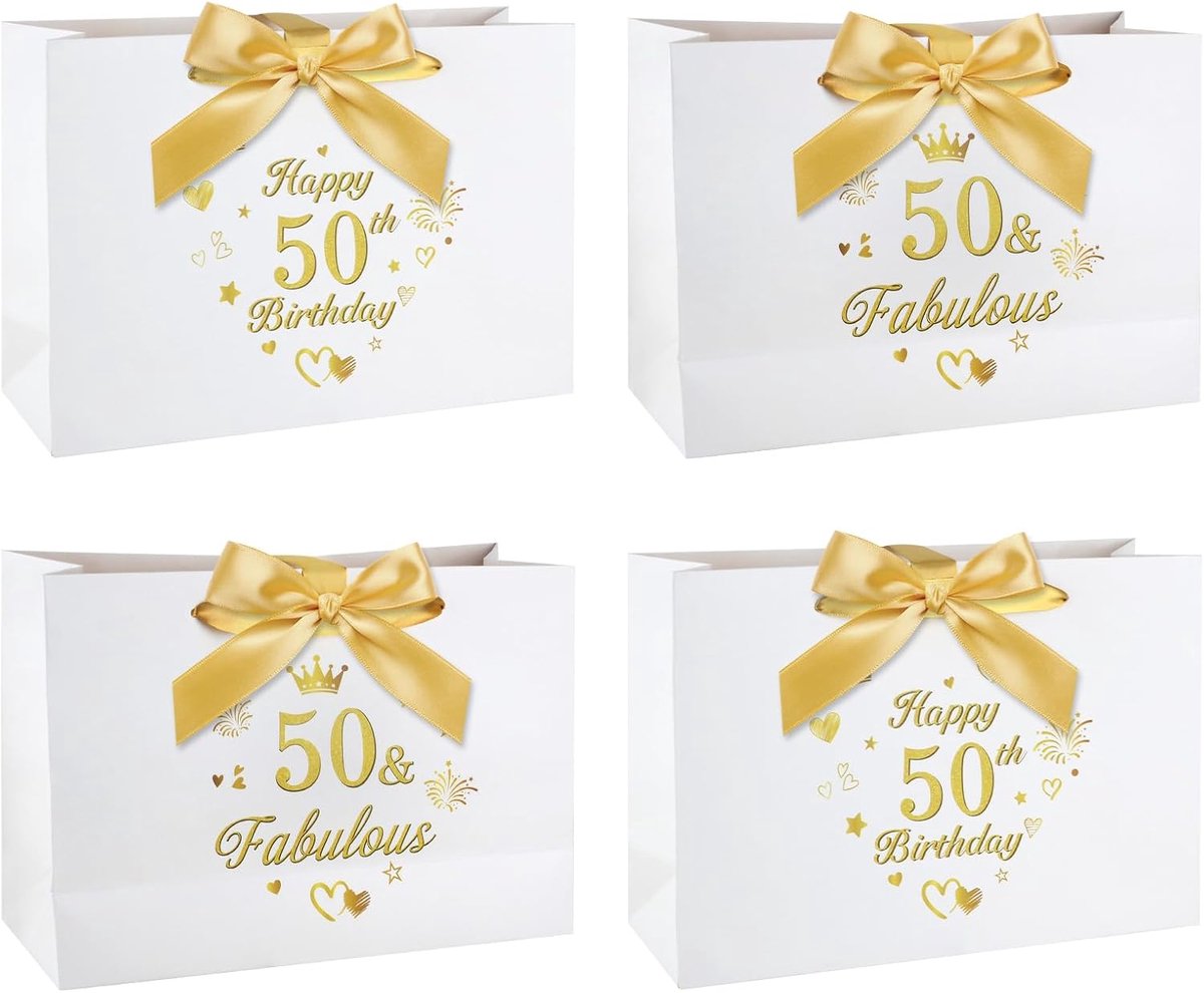Geschenkzakken set 50e verjaardag - witgouden - 4 stuks - grote geschenkverpakking - ShopVlot
