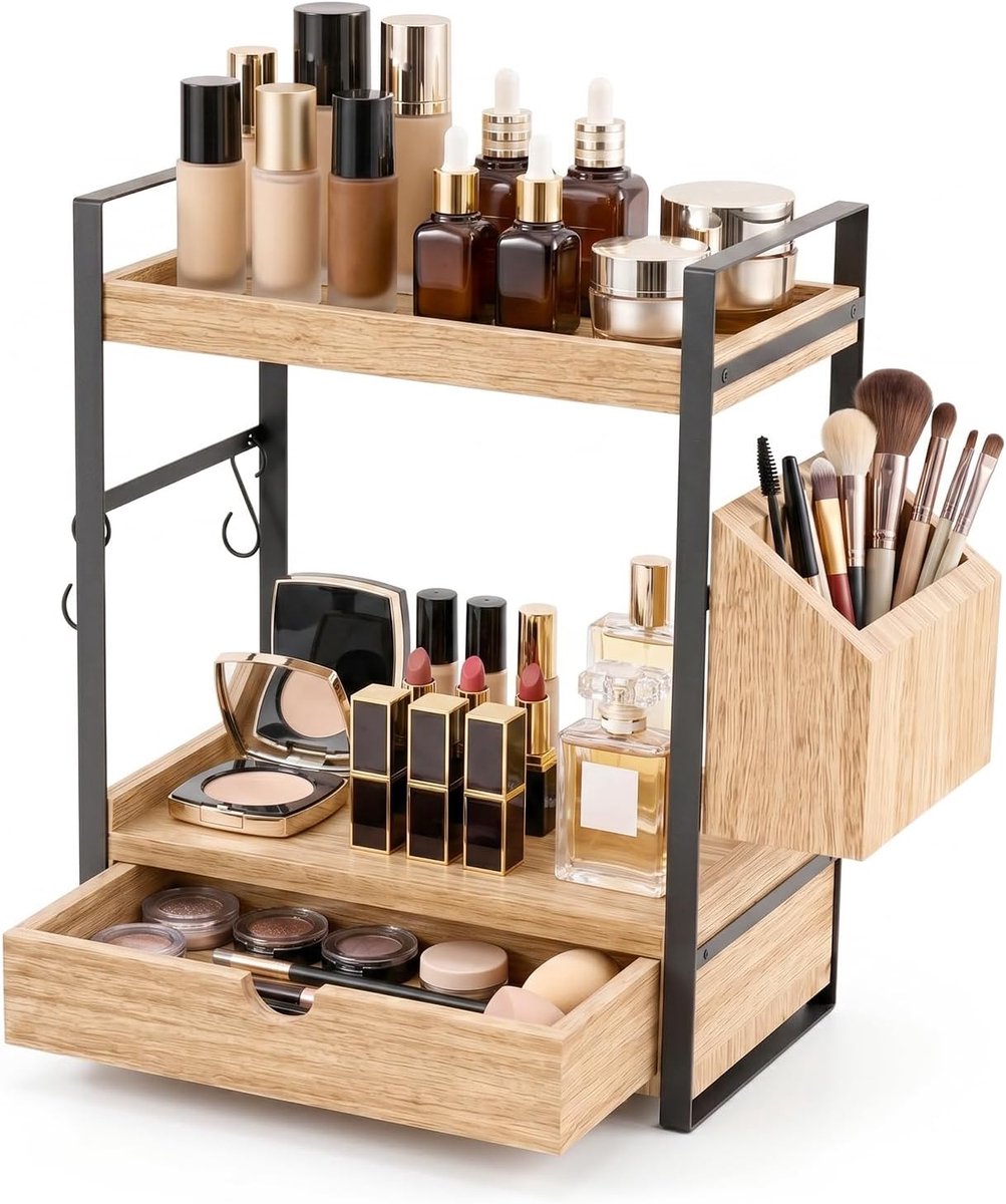 Badkamerorganizer 2 niveaus - hout met metalen frame - multifunctioneel met lade, mand en haken - ShopVlot