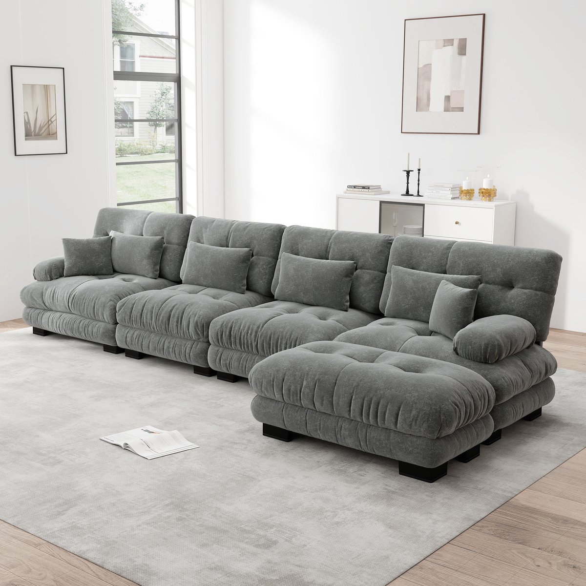 MEUNIQ modulaire hoekbank 4-zits 406 x 145 x 81 cm, chenille, met beweegbare ottoman, l-vormig voor woonkamer, grijs