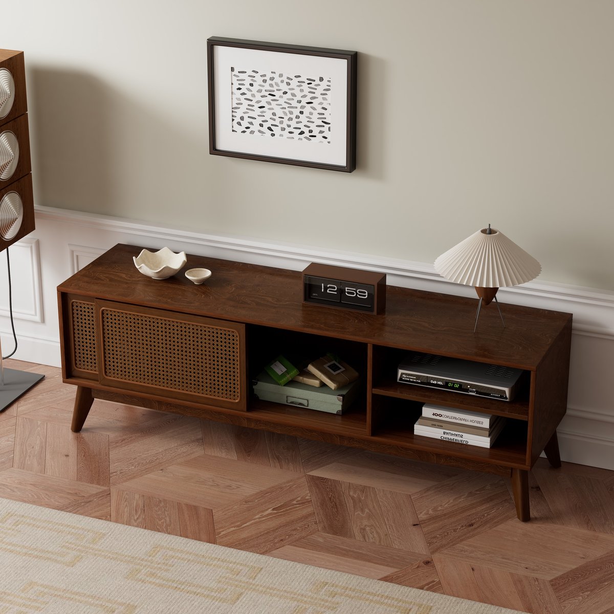 OKWISH Tv Meubel - Met Rietlook Schuifdeuren En Open Vakken Voor Woonkamer En Hal - 150 X 40 X 50 Cm - Walnoot Walnut