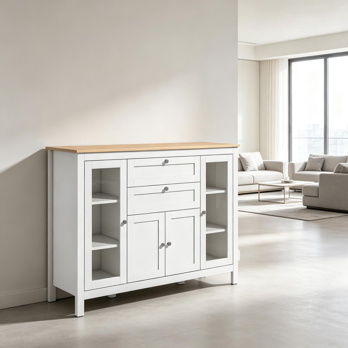 OKWISH Dressoir - Opbergkast Met Glazen Deuren En Verstelbare Planken - 120 x 40 x 90 cm - 2 Deuren 2 Laden - MDF Wit Hout