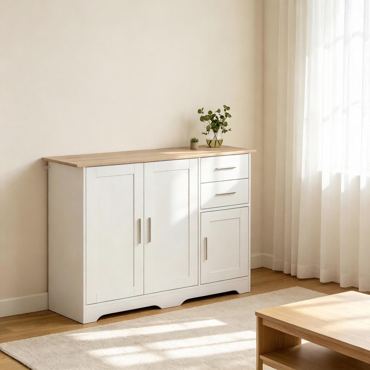OKWISH Dressoir Wit En Naturel Hout 100 X 40 X 78 Cm Met 2 Lades 2 Deuren En Verstelbare Plank Voor Woonkamer Keuken En Hal