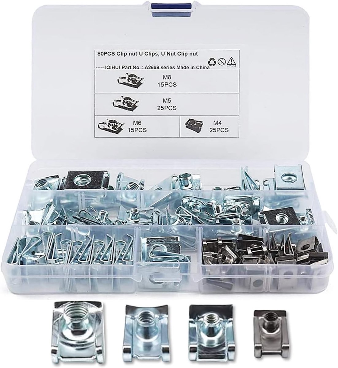Set van 80 stuks metalen moeren met schroefdraad, M4, M5, M6, M8, roestvrijstalen klikmoeren, slangklemmen, set met - ShopVlot