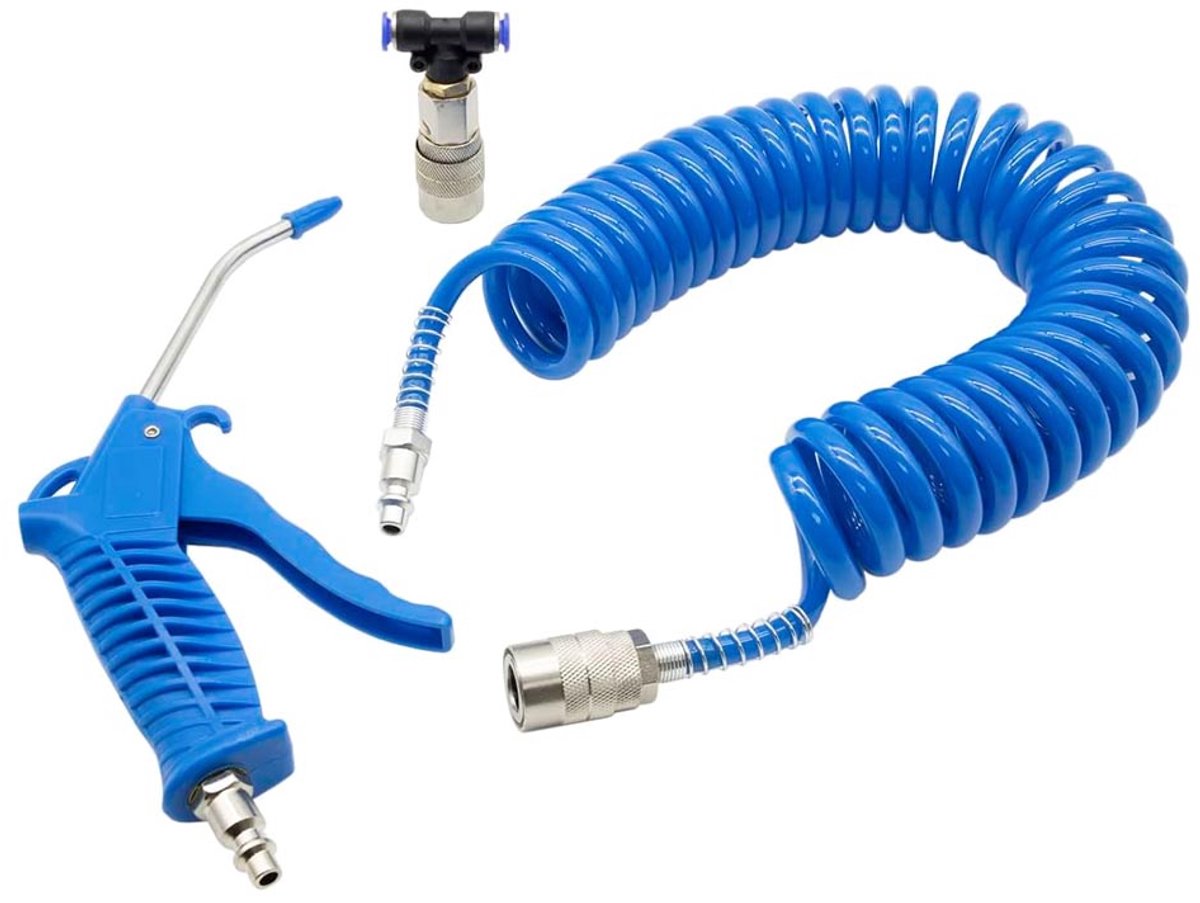 Pneumatisch Blaaspistool met 5m Spiraalslang - Polyurethaan PU - Snelle Aansluiting - Max 10 Bar - Reinigings- en Onderhoudsgereedschap [55805A]