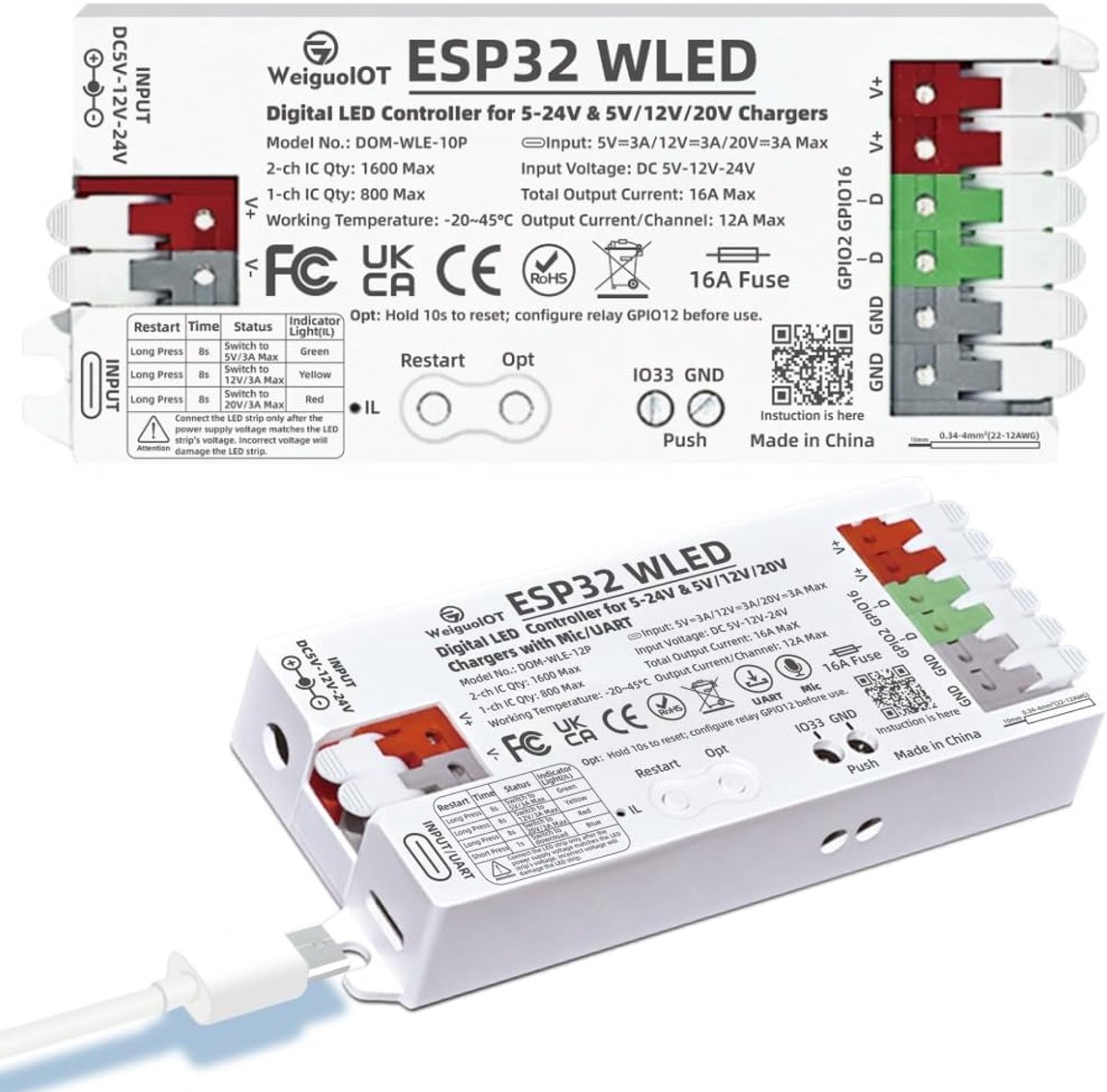 LED strip controller USB-C - 5-24V, 16A Max - App bediening - Geschikt voor adresserende strips - ShopVlot