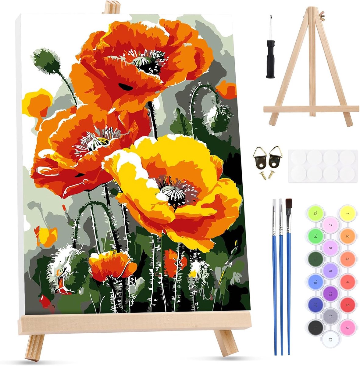 Schilderen op Nummer Kits Volwassenen - Poppy Bloemen Kunstset - Inclusief Houten Easel - Perfect voor Wanddecoratie - ShopVlot
