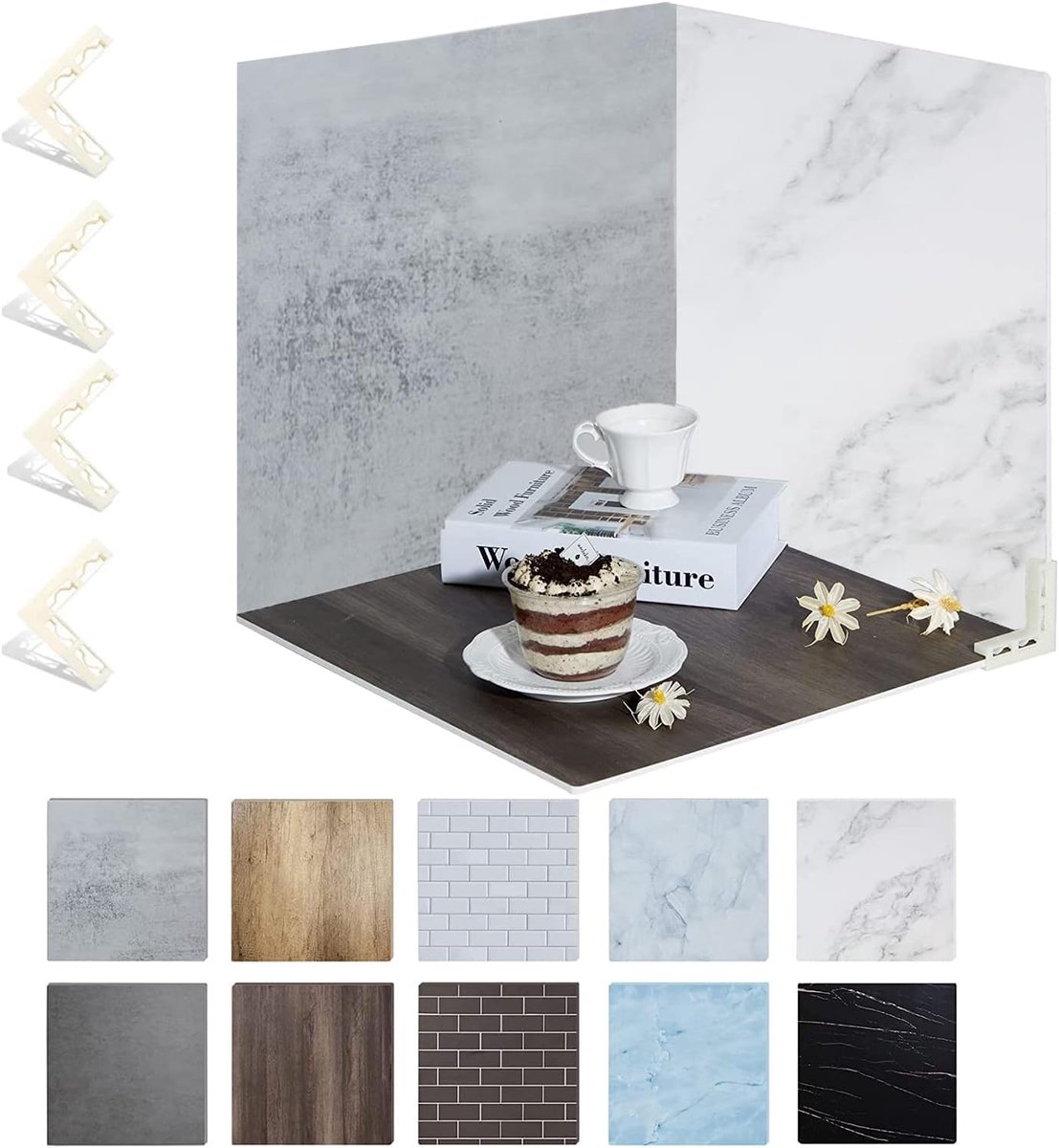 Fotografieachtergrond 40x40cm - Dubbelzijdig met 10 patronen - Marmer en houtstructuur - Ideaal voor flat lay - ShopVlot