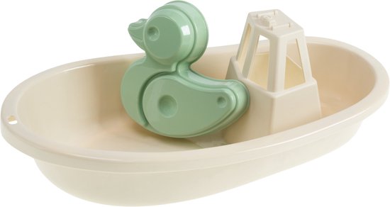 Beige boot met een groen eend-vormpje en een witte opbouw.