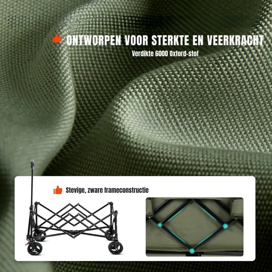 QUOVO® Strandkar - Bolderkar Opvouwbaar - Bolderwagen Voor Alle Terreinen - Boodschappenwagen Met Brede Banden En Handige Opbergruimtes - Tuinkar Met Verstelbare Handgreep - Winkeltrolley 150 kg Opbergruimte - Groen - 90cm x 58cm x 51cm van Quovo — afbeelding 3