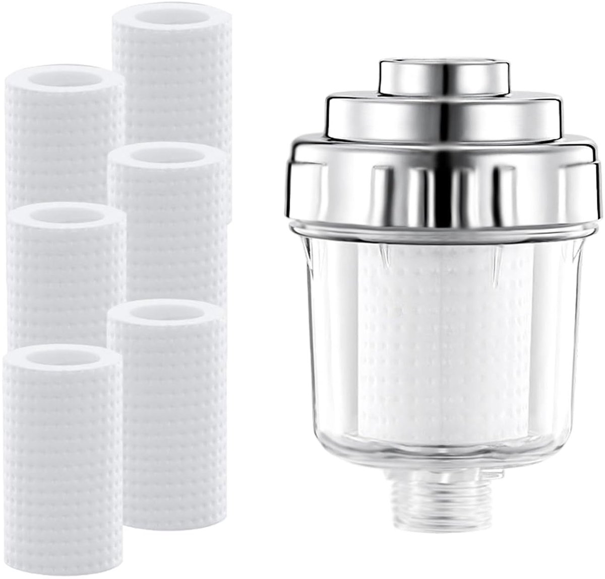 Dit douchewaterfilter wordt geleverd met 6 vervangbare filterpatronen, is Geschikt voor alle standaard douchekoppen en filtert effectief verontreinigingen uit het water.