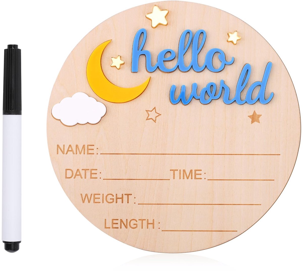 Houten Hello World Geboorte Aankondigingsbord - Hemelsblauw - Schattig Naamplaatje - Perfect voor Babyshowerfoto's - ShopVlot