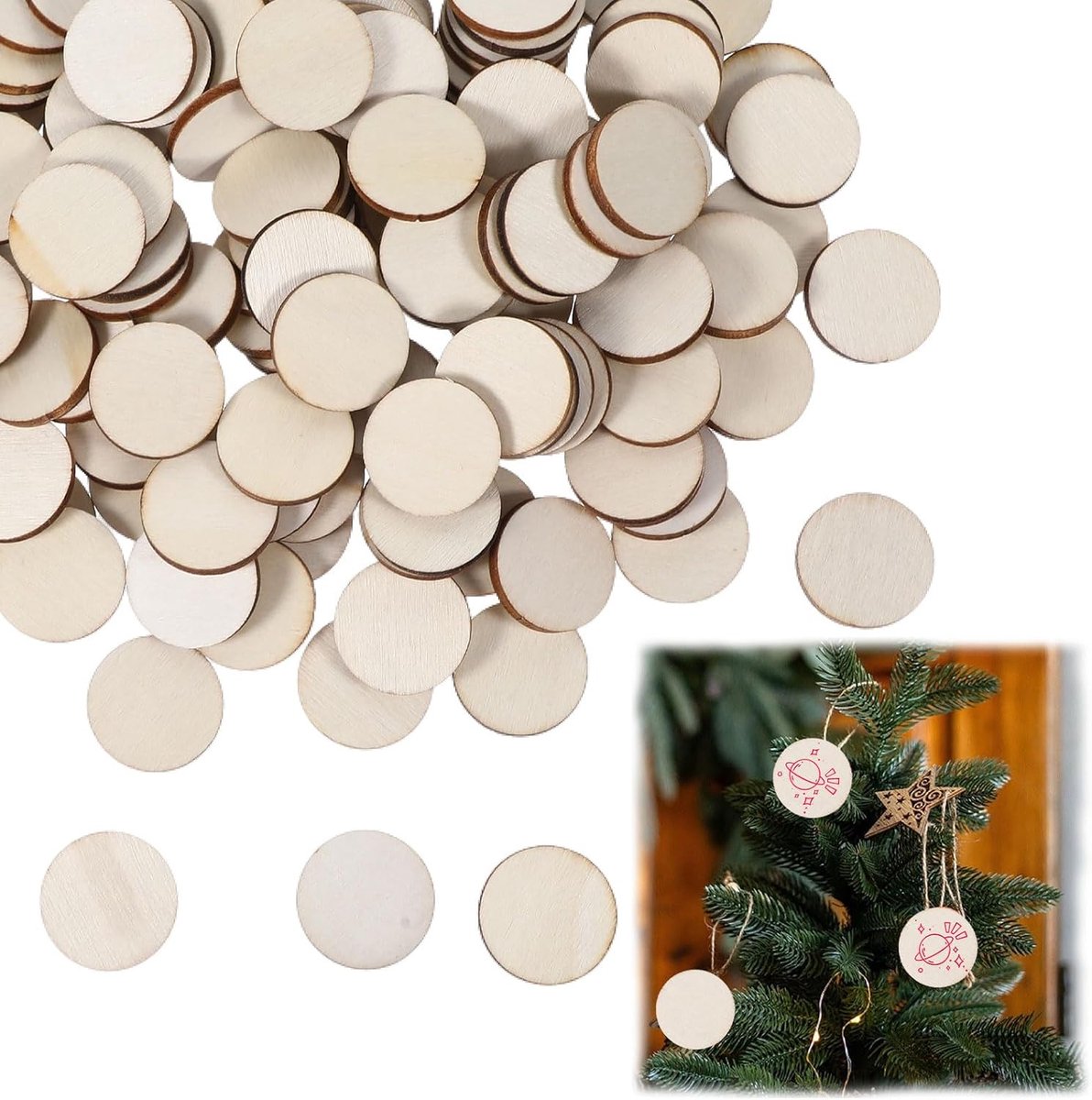 400 stuks 20 mm houten schijven om te knutselen, houten plaatjes, boomschijven, 2,5 mm dik, onbehandelde natuurlijke houten schijven, boomstamdecoratie voor doe-het-zelf kerstdecoratie, boomschijf