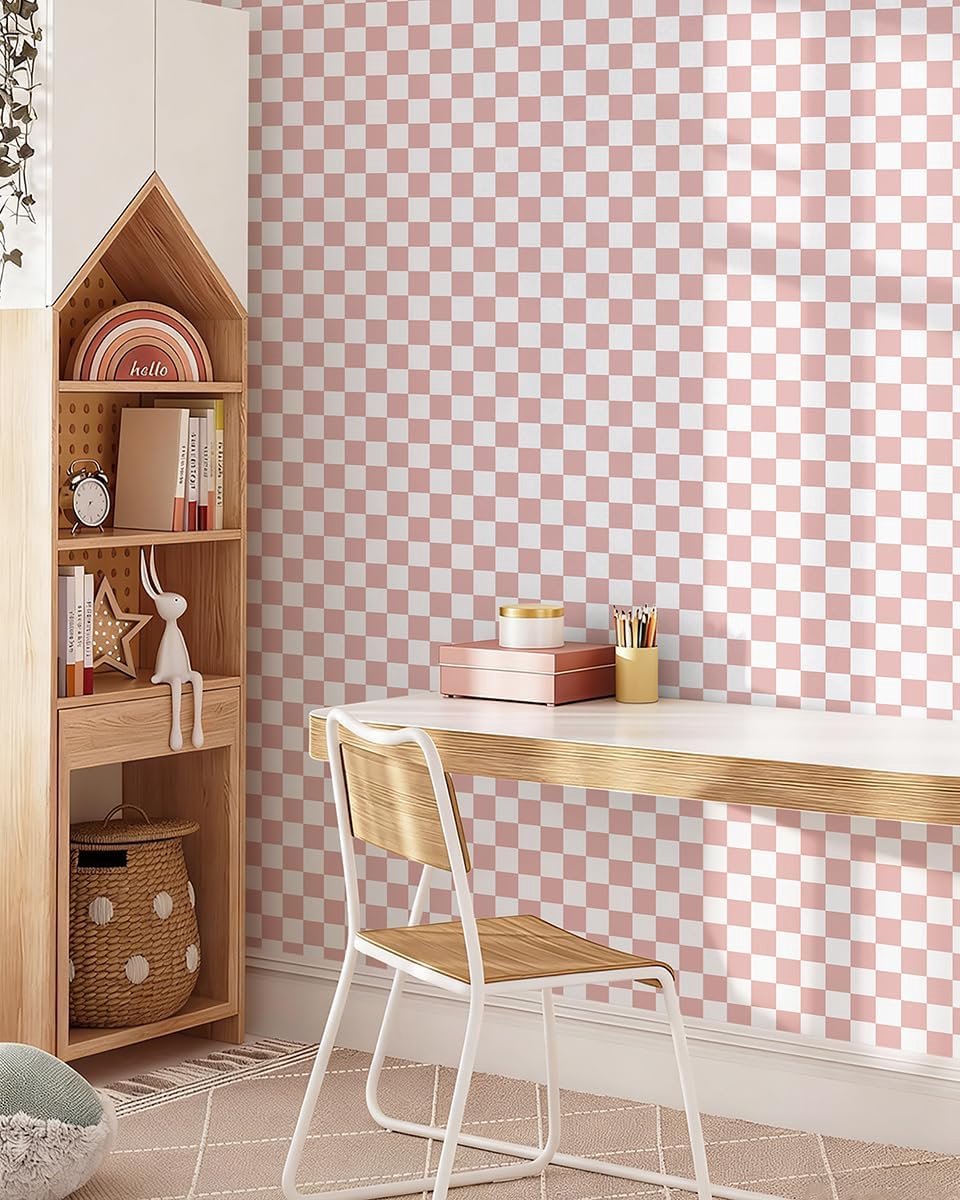 Behang, boho-plakfolie, meubel, 44 x 1000 cm, roze geruit, vinylfolie, geometrisch behang voor tafel, meubels, muur, slaapkamer, zelfklevend, eenvoudig aan te brengen, upgrade