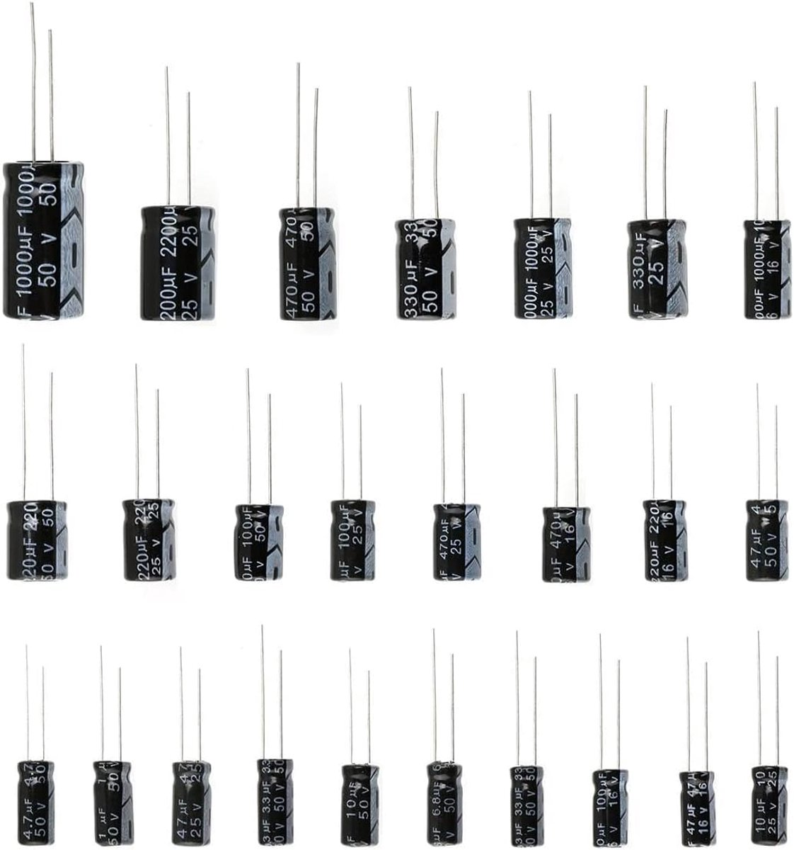 25 Waarden 16V 25V 50V 1uF tot 2200uF Elektrolytische condensatoren Assortimentsset Set Zwart - 125PCS
