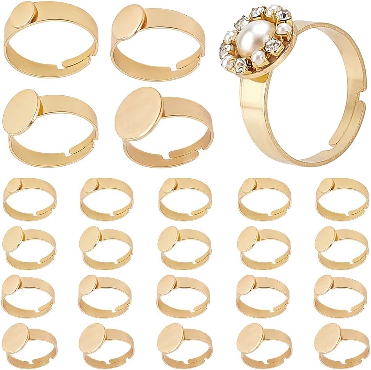 PandaHall 18K vergulde blanco ringen, 24 stuks, 4 maten, verstelbare ringspaties, 304 roestvrijstalen platte ronde ringbasis, dienbladen voor het maken van ringen, sieraden, doe-het-zelf ambachten,