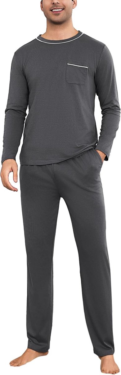 Heren winterpyjama van katoen, lang, tweedelige pyjama voor heren, lange mouwen en broek met zakken, zacht, loungewear