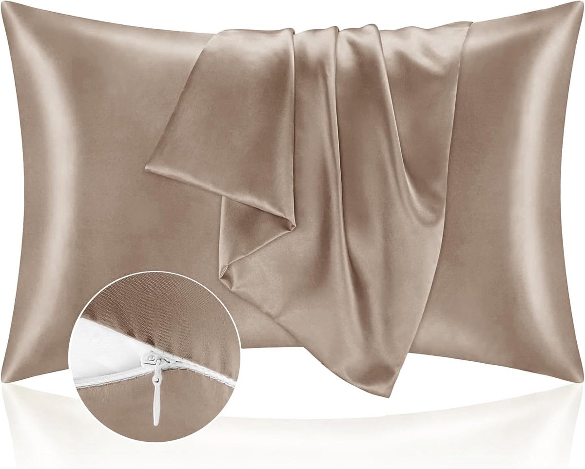 Kussenslopen voor bed 50x90 van satijn - Satijnen beschermhoes beschermt huid en haar - Super zacht en hypoallergeen - Set van 2 kussenslopen met ritssluiting - Koffie