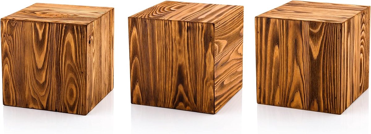 Set van houten zuilen, Rustieke decoratieve zuilen, Boomstamdecoratie, Vloerlantaarnstandaards, Houten plantenstandaards, Tijdloze houtdecoratie, Notenhout, 20x20x20 cm, 3 stuks