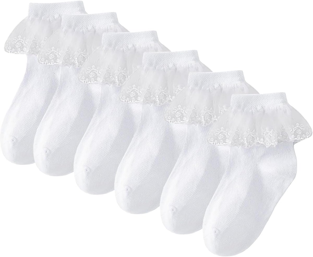 3 paar sokken met ruches, kanten sokken, meisjessokken, kindersokken, danssokken met ruches, elegante prinsessensokken, effen, ademende katoenen sokken (wit)