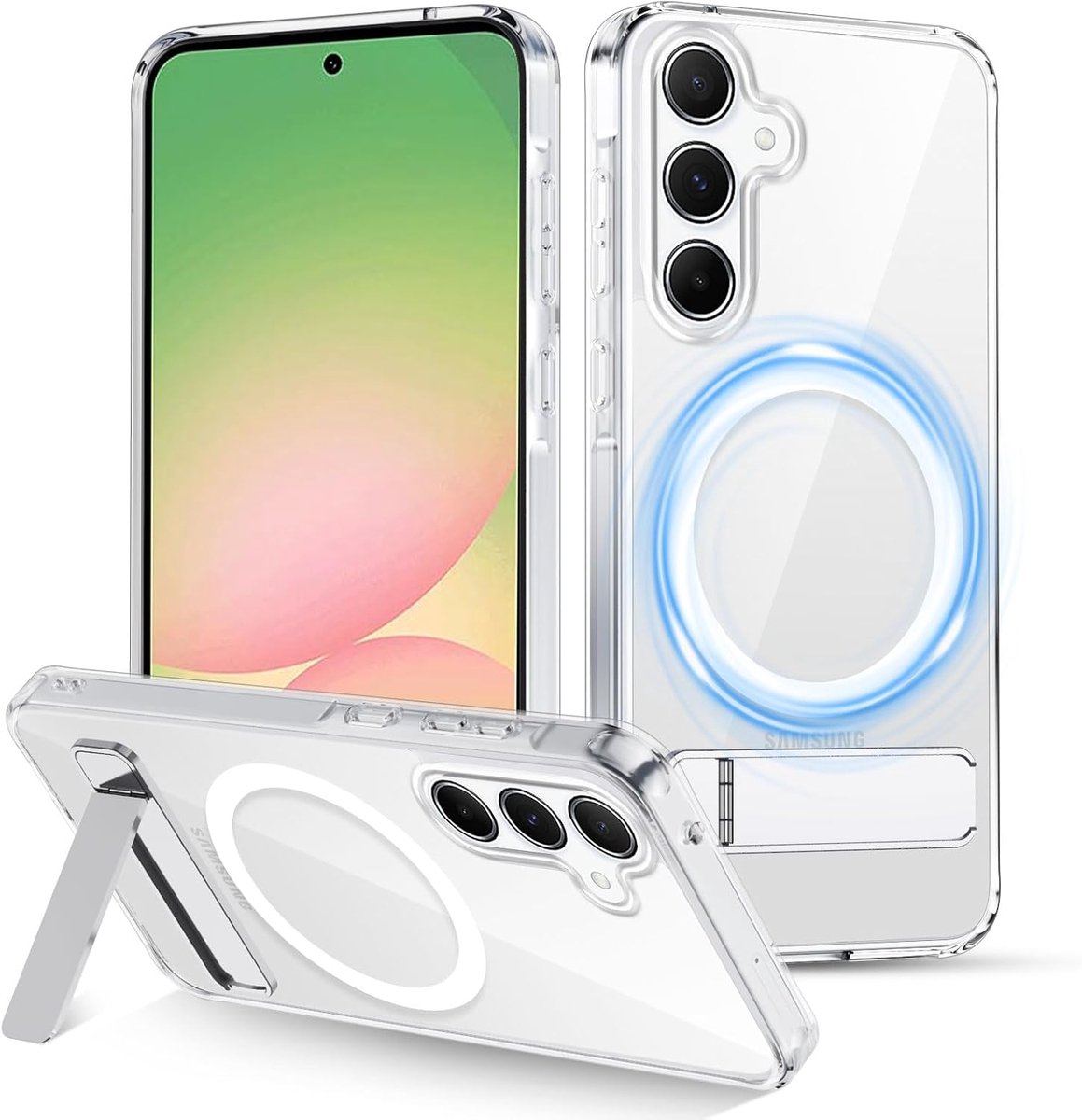 Hoes voor Samsung Galaxy A56 5G, magnetisch, compatibel met MagSafe, transparante telefoonhoes met metalen standaard, stootvast, krasbestendig, hardcase, doorzichtig
