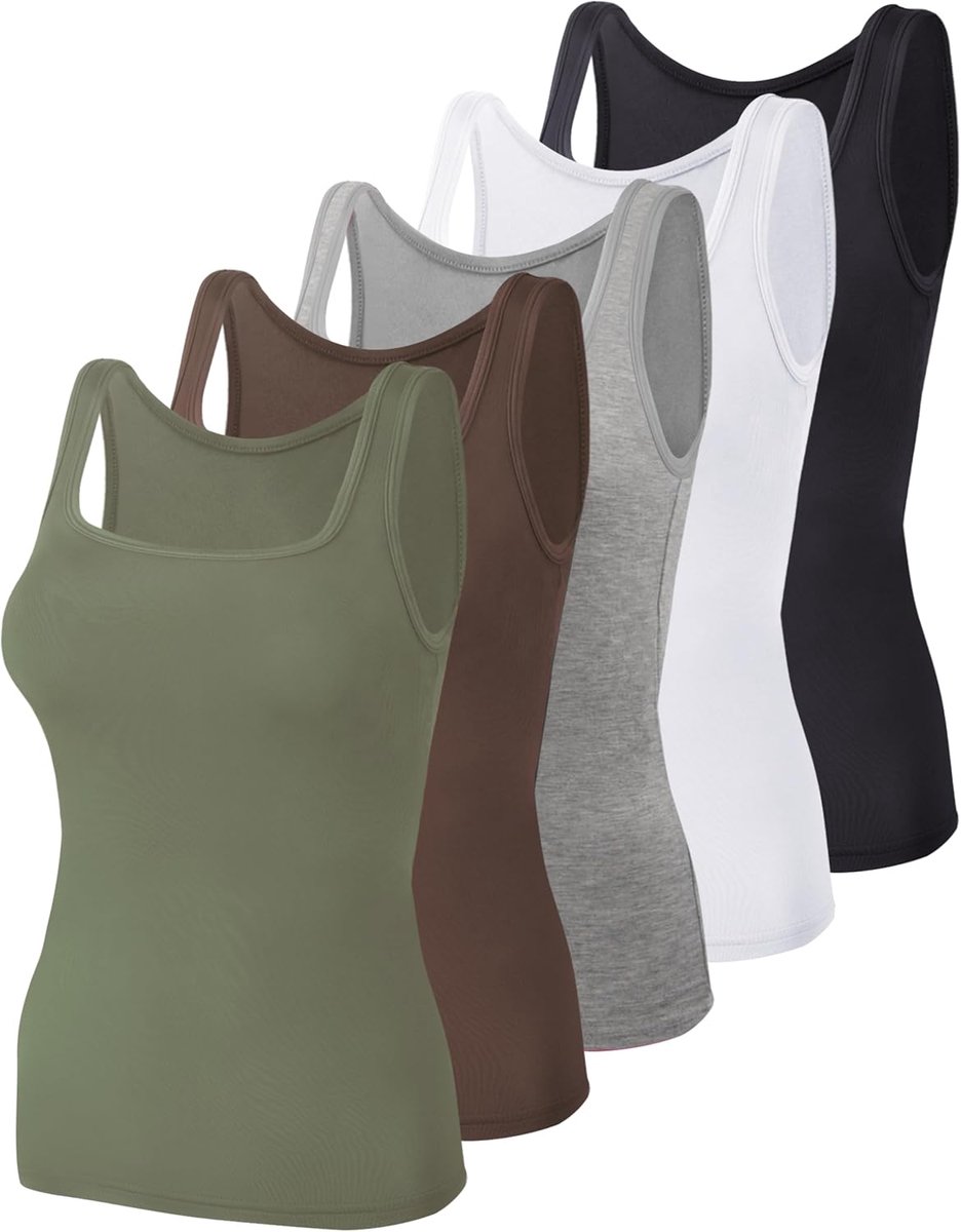Tanktops voor dames, 5 stuks, vierkante hals, mouwloos, onderhemden