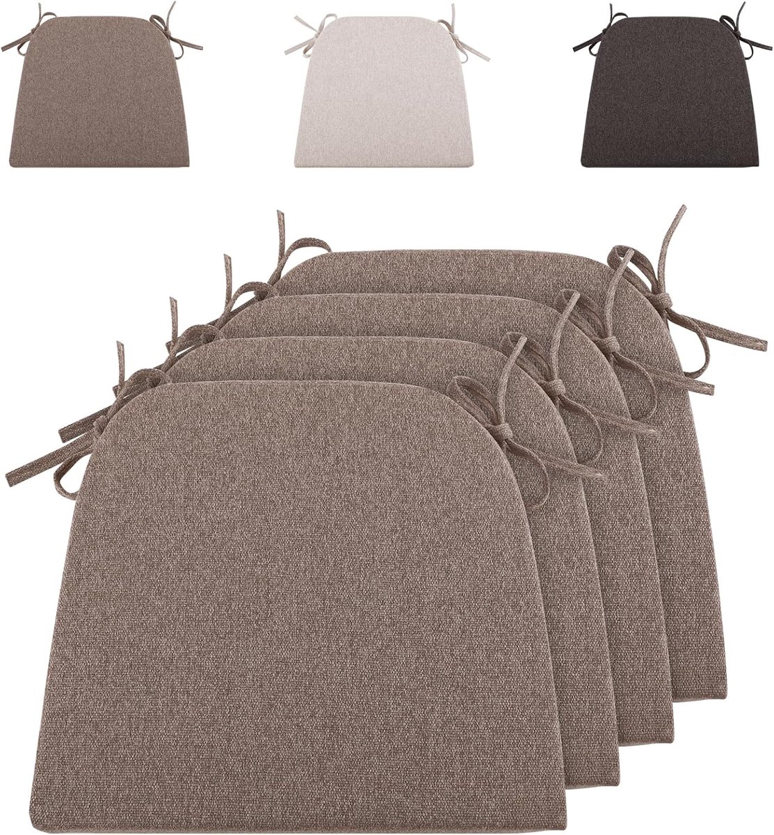 Stoelkussen, 43 x 41 cm, zitkussen, voor buiten, tuinstoelkussen, zitkussen voor rotanstoelen, outdoor, stoelkussen, met linten, grijsbruin, 4 stuks