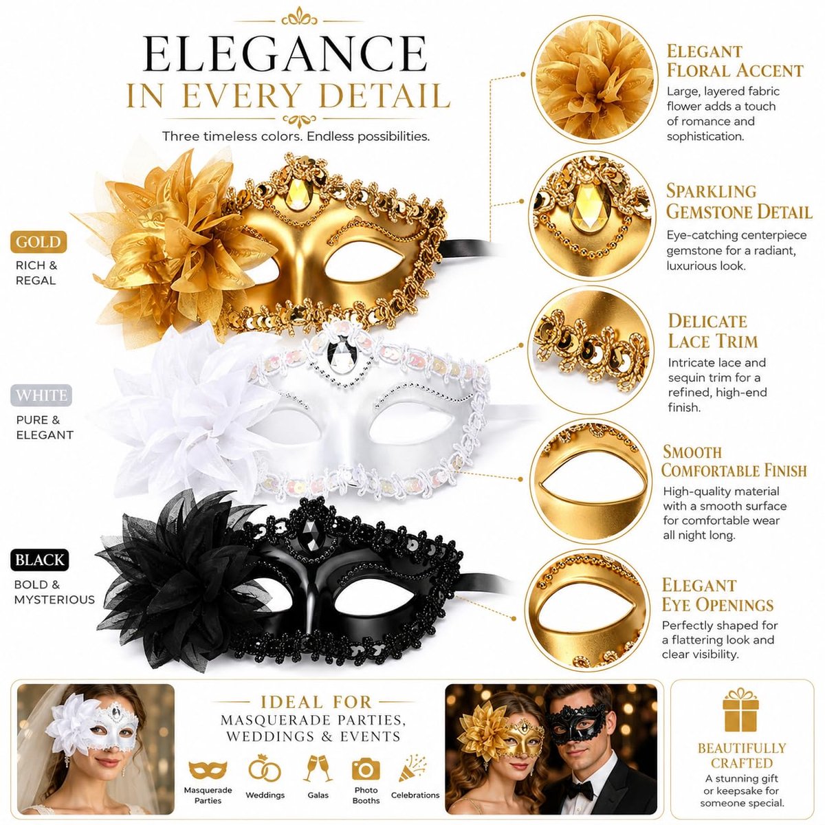 Set van 3 Venetiaanse maskers - goud, wit, zwart - luxe kanten halve gezichtsmaskers - perfect voor bruiloft of gala - SnelShoppen